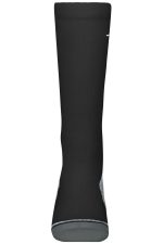 A pair of black compression socks featuring a grey detailing and a logo.