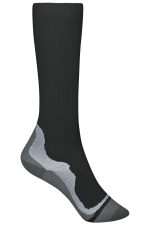 A pair of black compression socks with grey detailing, featuring a fitted design and a logo on the side.