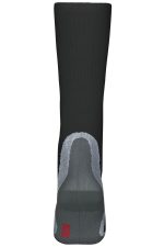 A pair of black compression socks with grey detailing and a logo at the top.
