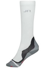 A pair of white compression socks with grey accents and a logo on the side.