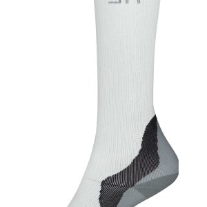 A pair of white compression socks with grey accents and a logo on the side.