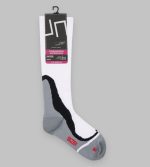 Compression socks in white, grey, and black, featuring a hang tag and a logo on the side.