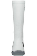 A pair of white compression socks featuring black accents and a logo on the side.