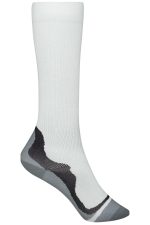 A pair of white compression socks with grey design elements and a logo on the side.