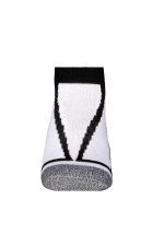 A pair of white sneaker socks with a black pattern and a logo on the cuff.