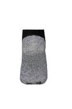 A pair of sneaker socks in grey with a black cuff, featuring an underlying logo.