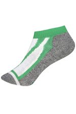 A pair of ankle-length socks featuring grey, white, and green colours with a logo on the side.