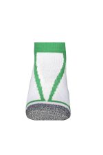 White sneaker socks with a green design and a textured sole, featuring a logo on the upper section.