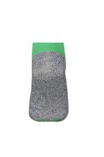 A pair of sneaker socks featuring a grey body and a bright green cuff, with a logo on the side.