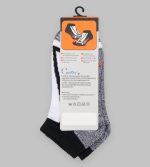 A pair of sneaker socks featuring a mix of grey, black, and white with a branded tag.