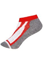 A pair of sneaker socks in grey, white, and red, featuring a logo on the side.