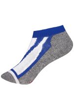 A pair of ankle-length sneaker socks in blue, white, and grey, featuring a logo on the side.