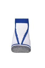 A pair of white sneaker socks with blue accents and a textured grey sole. The design features a modern pattern.