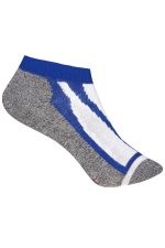 A grey and blue sneaker sock with a white design and a logo on the side.