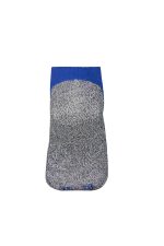 Grey sneaker socks with a blue cuff, featuring a logo on the side.