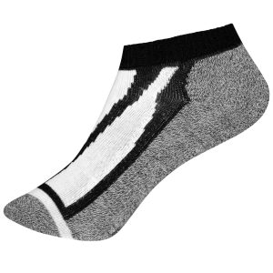 A pair of sneaker socks in black, white, and grey, featuring a logo.