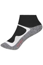 Sport socks in black with grey and white accents, featuring a logo on the side. Short length for athletic wear.