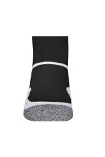 Sport socks in black with white accents and a grey toe, featuring a logo on the side.