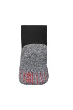 A pair of sport socks featuring a black cuff and a grey body with red detailing and a logo.
