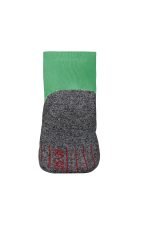 Short sports socks in grey with a green and grey top portion, featuring red accents and a logo.