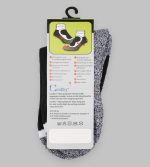 A pair of short sports socks in grey and black with a hang tag displaying product details and care instructions.