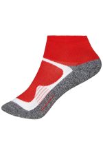 Sport socks in red and grey with a design featuring a logo. Short cut suitable for sports uniforms.