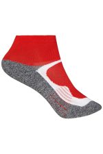 A pair of short sports socks featuring red, grey, and white colours with a logo.