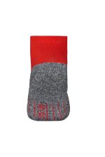 Sport socks in grey with a vibrant red top, featuring a logo on the side. Ideal for athletic activities.