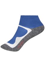 A pair of short sports socks featuring blue, grey, and white colours with a logo.