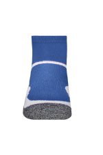 A pair of sports socks in blue with a white pattern and a grey heel. The socks feature a logo.