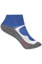 A pair of short sport socks featuring blue, white, and grey colours, with a logo on the side.