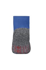 Short sports socks in blue and grey with red detailing, featuring a logo on the side.