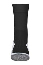 A pair of black sport socks with white accents and a logo at the top.