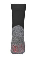 Sport socks in black and grey, featuring a textured design and a logo on the band.