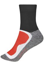 Sport socks featuring a black upper, grey lower, and red accent, with a logo on the side.