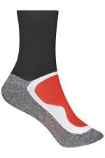 Sport socks featuring a black top, grey body, and a red accent design. Includes a logo on the side.