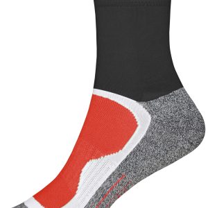 A pair of sport socks featuring a black upper, grey foot, and red accents. Includes a logo.