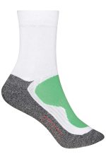 Sport socks featuring a white upper, grey lower section, and green accent. Includes a logo on the design.