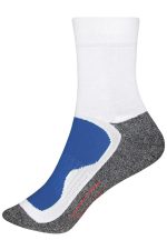 Sport socks featuring a white upper, grey body, and blue detailing, designed for athletic use. Includes a logo.