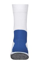 A pair of sports socks featuring a blue and white design with a textured grey sole and branding.