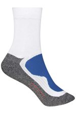 Sport socks featuring a white upper and a grey and blue patterned lower section. The design includes a logo.