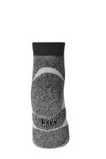 Sport sneaker socks in a grey and white design, featuring a logo and a cushioned sole for comfort.