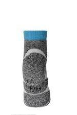 Sport sneaker socks in grey with a blue cuff and white accents, featuring a logo on the side.