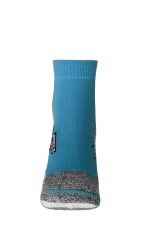 A pair of sport sneaker socks in blue with grey detailing and a logo on the side.