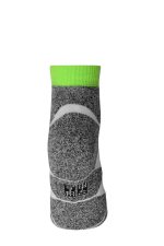 Sport sneaker socks in grey with a vibrant green cuff, featuring a logo on the sole.