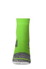 A bright green sport sneaker sock featuring a grey patterned sole and a logo.