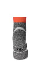A pair of sport sneaker socks in grey with an orange top band, featuring a logo on the side.