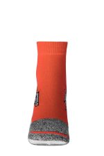 A pair of orange sport sneaker socks with grey accents and a logo design near the top.