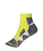 A pair of ankle-length socks featuring vibrant yellow and grey colours, with a logo on the side.