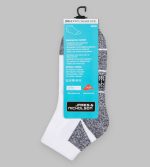 Sport sneaker socks in white with black and grey accents, featuring branding and designed for comfort and performance.